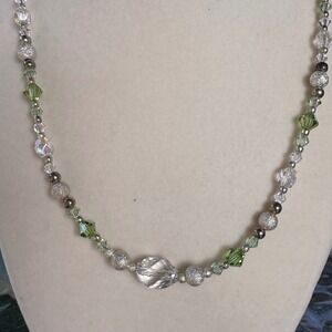 VTG Glass Bead Crystal Necklace Green Clear Silver Sparkle Statement Jewelry 16"